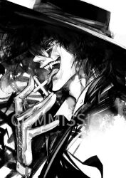 Rule 34 | 1boy, alucard (hellsing), black hair, collared shirt, commission, cross, glasses, gloves, greyscale, grin, hair between eyes, hat, hellsing, highres, holding, holding cross, licking, male focus, medium hair, messy hair, monochrome, sharp teeth, shirt, smile, solo, teeth, tequilafunk, tongue, tongue out, upper body, vampire, white background