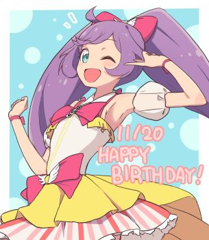 Rule 34 | 1girl, ;d, ahoge, bad id, bad twitter id, bow, cbgb, commentary, cowboy shot, detached sleeves, dress, hair bow, happy birthday, highres, idol clothes, image sample, long hair, looking at viewer, manaka laala, multicolored dress, one eye closed, open mouth, pink bow, pretty series, pripara, puffy detached sleeves, puffy sleeves, purple hair, smile, solo, standing, treble clef, twintails, twitter sample, v, very long hair