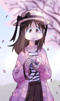 Rule 34 | 1girl, azumanga daiou, black eyes, boater hat, bow, brown bow, brown hair, brown skirt, camera, cherry blossoms, falling petals, farhan melukis, grass, holding, holding camera, jacket, kasuga ayumu, looking down, petals, pink jacket, pleated skirt, ribbed jacket, shining, shirt, skirt, sky, spring (season), striped clothes, striped shirt