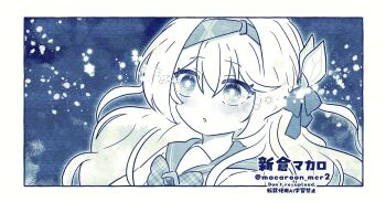 1girl :o black_ribbon blush bow bowtie commentary_request firefly_(honkai:_star_rail) firefly_(spring_missive)_(honkai:_star_rail) grey_hairband grey_sailor_collar greyscale hair_ornament hair_ribbon hairband highres honkai:_star_rail honkai_(series) long_hair macaroon_mcr2 monochrome open_mouth plaid_bow plaid_bowtie plaid_clothes ribbon sailor_collar solo sparkle twitter_username white_hair