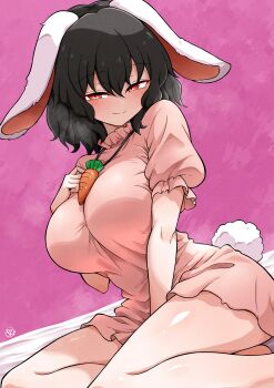 1girl absurdres aged_up animal_ears breasts breath brown_hair carrot_necklace closed_mouth commentary_request commission dress floppy_ears hair_between_eyes highres inaba_tewi jewelry large_breasts looking_at_viewer medium_hair necklace pendant pink_dress pixiv_commission puffy_short_sleeves puffy_sleeves rabbit_ears rabbit_girl rabbit_tail red_eyes scavia10 short_sleeves signature sitting smile solo tail thighs touhou