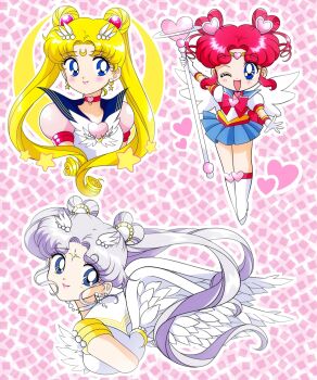 3girls angel_wings bad_id bad_twitter_id beads bishoujo_senshi_sailor_moon bishoujo_senshi_sailor_moon_stars blonde_hair blue_eyes blue_sailor_collar blue_skirt bow bowtie brooch chibi_chibi choker closed_mouth commentary crescent crescent_earrings crescent_facial_mark cropped_torso dot_nose double_bun dress dual_persona earrings elbow_gloves english_commentary eternal_sailor_moon eyelashes facial_mark feathered_wings floating_hair forehead_mark gloves gold_earrings grey_hair hair_beads hair_bun hair_ornament happy heart heart-shaped_hair heart_brooch heart_choker heart_hair_ornament heart_wand highres holding holding_staff honeymoonpetal jewelry leotard light_blush lipstick long_hair looking_at_viewer looking_back magical_girl makeup miniskirt multiple_girls official_style one_eye_closed outline parted_bangs pink_background pink_lips pink_sleeves pleated_skirt puffy_short_sleeves puffy_sleeves red_bow red_bowtie red_choker red_hair ringlets sailor_chibi_chibi sailor_collar sailor_cosmos sailor_moon sailor_senshi_uniform short_sleeves skirt sleeved_leotard smile staff star_(symbol) star_earrings tareme tsukino_usagi twintails very_long_hair white_bow white_bowtie white_choker white_dress white_gloves white_leotard white_outline white_wings wing_hair_ornament wings