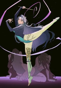 Rule 34 | 1girl, absurdres, arabesque (pose), arm up, athletic leotard, black background, black hair, blue eyes, blue leotard, commentary request, full body, gymnastics, hair ornament, head down, highres, holding ribbon baton, korean commentary, leaf hair ornament, leg up, leotard, long hair, long sleeves, looking at viewer, multiple views, pantyhose, prosthesis, prosthetic leg, reverse:1999, rhythmic gymnastics, ribbon, ribbon baton, sitting, ssaeujjobyap, standing, standing on one leg, tiptoes, very long hair, white pantyhose, willow (reverse:1999), yokozuwari