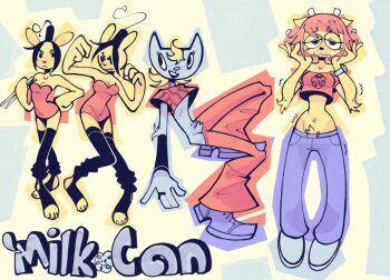 3girls baggy_pants black_hair blonde_hair blush crop_top denim drawfag dress drumsticks dynamite explosive full_body furry jeans jewelry katy_kat lammy_(um_jammer_lammy) ma-san_(um_jammer_lammy) midriff multiple_girls multiple_views navel pants parappa_the_rapper red_hair ring stirrup_legwear thighhighs toeless_legwear um_jammer_lammy watch wristwatch