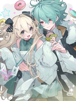 Rule 34 | 1boy, 1girl, blonde hair, blush, dress, green eyes, green hair, hair ornament, highres, long hair, long sleeves, looking at viewer, open mouth, red eyes, ribbon, smile, yuanyunyu 3y