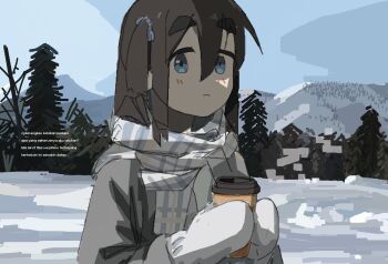 1girl amamiya_satsuki_(mono) blue_eyes closed_mouth coat cup disposable_coffee_cup disposable_cup expressionless gloves grey_coat hair_ornament hair_scrunchie highres holding holding_cup indonesian_text looking_at_viewer mono_(afro) mountain one_side_up outdoors plaid_clothes plaid_scarf prasetyoadii22 scarf scrunchie solo thick_eyebrows translation_request tree upper_body white_gloves winter winter_clothes winter_coat