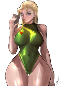 Rule 34 | 1girl, bare shoulders, blonde hair, blue eyes, breasts, cammy white, cellphone, curvy, highleg, highleg leotard, highres, large breasts, leotard, lips, looking at viewer, mirror selfie, onishinx, orion-m, phone, selfie, shiny skin, short hair, sleeveless, street fighter, street fighter 6, wide hips