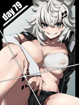 1girl absurdres animal_ears ankodaihuku arknights bandeau black_jacket black_shorts breasts commentary commentary_request covered_erect_nipples english_commentary fingerless_gloves gloves grin hair_ornament highres jacket knee_up lapels lappland_(arknights) large_breasts long_hair looking_at_viewer micro_shorts one_eye_closed open_clothes open_jacket sharp_teeth shorts sitting smile solo teeth white_bandeau white_gloves white_hair wolf_ears wolf_girl