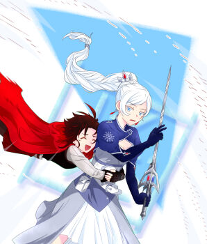 2girls arms_around_waist belt black_hair blue_background blue_dress blue_eyes cape closed_eyes dress gloves gradient_hair highres holding holding_sword holding_weapon hug long_hair multicolored_background multicolored_hair multiple_girls myrtenaster open_mouth ponytail red_cape red_hair ruby_rose rwby scar scar_across_eye scar_on_face short_hair sword tearing_up tiara weapon weiss_schnee white_background white_hair