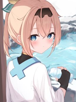 Rule 34 | 1girl, absurdres, black gloves, black hairband, blonde hair, blue eyes, bottle, commentary request, fingerless gloves, from behind, gloves, hair between eyes, hairband, highres, holding, holding bottle, hololive, japanese clothes, kazama iroha, kazama iroha (1st costume), kimono, looking at viewer, looking back, parted lips, ponytail, riya (01214), sidelocks, solo, virtual youtuber, water, water bottle, white kimono