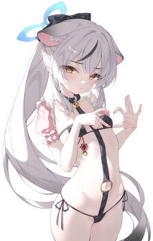 1girl alternate_costume alternate_hairstyle animal_ears bikini black_bikini blue_archive blue_halo blush breasts cameltoe closed_mouth grey_hair halo heart heart_hands highres infinity_(kkx132) kokona_(blue_archive) loli long_hair looking_at_viewer micro_bikini orange_eyes ponytail small_breasts solo swimsuit very_long_hair