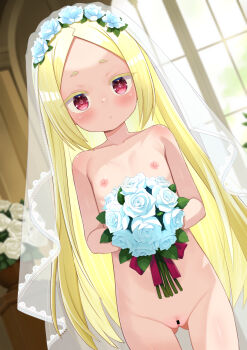 1girl bar_censor blonde_hair bouquet censored flat_chest flower gluteal_fold highres holding loli long_hair mahou_shoujo_ni_akogarete morino_korisu nipples nude paid_reward_available pussy solo usayaki_soba veil
