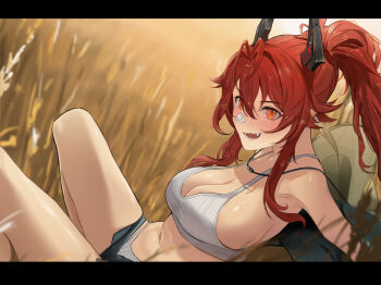 1girl absurdres antenna_hair bandaid bandaid_on_face bandaid_on_nose bare_arms bare_shoulders black_horns blue_shorts blurry blurry_background blurry_foreground blush breasts brown_hat camisole commentary_request crop_top day earrings fang feet_out_of_frame from_side goddess_of_victory:_nikke hair_between_eyes hat hat_on_back high_ponytail highres horns jewelry knees_up large_breasts letterboxed long_hair looking_at_viewer looking_to_the_side mechanical_horns navel official_alternate_costume official_alternate_hairstyle open_clothes open_fly open_mouth open_shorts orange_eyes outdoors panties ponytail red_hair red_hood_(nikke) red_hood_(retro_days)_(nikke) ribbed_camisole ribbed_panties short_shorts shorts sideboob sidelocks sideways_glance sitting smile solo underwear v-shaped_eyebrows wheat wheat_field white_camisole white_panties xin_kong_miao_you_my