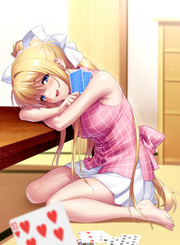 1girl 1other air_(visual_novel) barefoot blonde_hair blue_eyes blurry breasts card crossed_arms depth_of_field hair_spread_out kamio_misuzu long_hair medium_breasts old_maid pink_shirt playing_card playing_games ponytail pov shirt sitting skirt sleeveless sleeveless_shirt table ten_of_hearts ten_of_spades three_of_hearts wariza white_skirt zen_(kamuro)