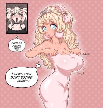 2girls barbie_(fellatrix) black_choker blair_(fellatrix) blonde_hair blue_eyes breasts choker covered_navel deumyy dress earrings english_text highres jewelry large_breasts long_hair multiple_girls original pink_dress pink_lips polka_dot polka_dot_background sleeveless sleeveless_dress speech_bubble thought_bubble tiara