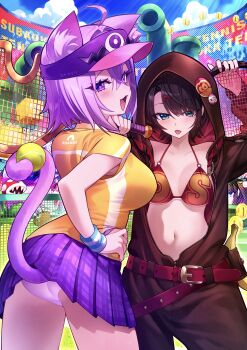 2girls :p ?_block absurdres ahoge alternate_costume animal_ear_fluff animal_ears aqua_eyes ass badge ball banana belt bikini black_hair breasts button_badge cat_ears cat_girl cat_tail character_name coin commentary_request cowboy_shot crossed_bangs fangs food fruit goomba hair_between_eyes hair_ornament hand_on_own_hip highres holding holding_racket holding_with_tail hololive hood hood_up large_breasts looking_at_viewer looking_back mario_(series) mario_tennis miniskirt multiple_girls navel nekomata_okayu nintendo o-ring o-ring_bikini o-ring_top onesie oozora_subaru open_mouth panties piranha_plant plaid_clothes plaid_skirt pleated_skirt prehensile_tail purple_eyes purple_hair purple_panties purple_skirt racket red_belt red_bikini shirt short_hair short_sleeves skirt smile sportswear standing sumi_80 sweatband swimsuit tail tennis_ball tennis_court tennis_net tennis_racket tennis_uniform tongue tongue_out underbutt underwear virtual_youtuber visor_cap warp_pipe wristband x_hair_ornament yellow_shirt