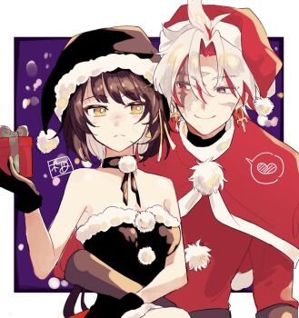 1boy 1girl alternate_costume bare_shoulders black_gloves black_hair box breasts capelet christmas commentary_request dress earrings female_rover_(wuthering_waves) fur_trim gift gift_box gloves hair_between_eyes hat heart hetero highres holding holding_gift jewelry medium_breasts pom_pom_(clothes) red_capelet red_hair rover_(wuthering_waves) santa_costume santa_hat scar scar_(wuthering_waves) scar_across_eye scar_on_face signature spoken_heart strapless strapless_dress sumika_nl white_hair wuthering_waves yellow_eyes