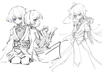 2boys alternate_hair_length alternate_hairstyle arms_at_sides belt blunt_bangs bow braid bridal_gauntlets bright_pupils chinese_knot cleavage_cutout closed_mouth clothing_cutout empty_eyes expressionless eyeliner eyeshadow father_and_son furisode genderswap genderswap_(ftm) genshin_impact greyscale hand_up hatching_(texture) holding holding_paper japanese_clothes kimono leaning_on_person linear_hatching long_hair long_sleeves looking_at_another looking_at_viewer low-braided_long_hair low-tied_long_hair makeup middle_ring mohu_116 mole mole_under_eye monochrome multiple_boys obi obiage open_mouth paper pink_eyes purple_eyes raiden_shogun red_eyeliner red_eyeshadow sash scaramouche_(genshin_impact) seiza short_hair short_sleeves shorts shoulder_peek shrug_(clothing) sideways_mouth single_sidelock sitting sketch spot_color swept_bangs tassel wanderer_(genshin_impact) white_pupils