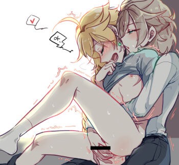 2boys aether_(genshin_impact) ahoge albedo_(genshin_impact) anal_fingering androgynous bar_censor blonde_hair blue_hair censored closed_eyes clothes_lift covering_another&#039;s_crotch earrings fingering genshin_impact handjob highres jewelry kkaiju korean_commentary moaning multiple_boys nipples open_mouth penis reach-around shaking shirt_lift socks testicles trap_on_trap white_background yaoi