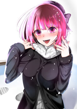1girl absurdres arima_kana beret blush bob_cut breasts coat hat highres inverted_bob looking_at_viewer medium_breasts medium_hair open_mouth oshi_no_ko outdoors red_eyes red_hair smile snow solo sweater upper_body