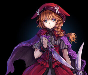 Rule 34 | 1girl, aqua eyes, black background, braid, brown hair, buttons, closed mouth, corset, dagger, flower, gradient background, grimms echoes, hand up, holding, holding dagger, holding knife, holding weapon, knife, kosai takayuki, red corset, red hood, red riding hood (grimms echoes), shirt, short sleeves, side braid, single braid, solo, striped clothes, striped shirt, upper body, weapon, white flower