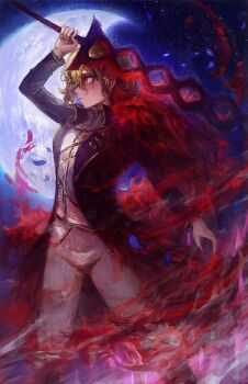 1girl black_coat blonde_hair blood blood_on_clothes coat commentary crescent_moon de_rvert don_quixote_(project_moon) dress english_commentary feather_boa glowing glowing_eyes hand_up high_collar highres holding holding_polearm holding_weapon limbus_company moon night official_alternate_costume open_clothes open_coat pants polearm project_moon red_eyes red_fur sancho_(project_moon) short_hair sky solo standing star_(sky) weapon white_dress white_pants