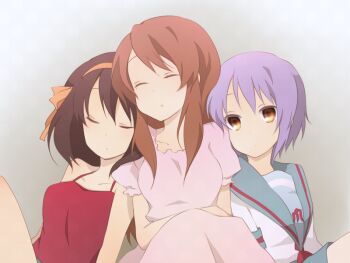 Rule 34 | 3girls, asahina mikuru, bad id, bad pixiv id, brown eyes, brown hair, casual, closed eyes, endless eight, hair ribbon, kinokosuke, long hair, multiple girls, nagato yuki, purple hair, ribbon, school uniform, serafuku, short hair, sleeping, suzumiya haruhi, suzumiya haruhi no yuuutsu