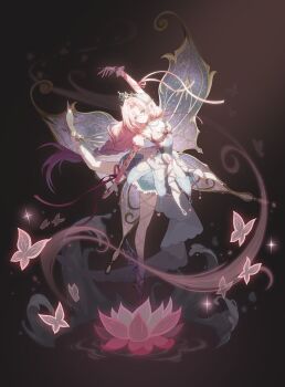 1girl :| absurdres arched_back arm_ribbon arm_up asymmetrical_gloves attitude_derriere ballerina ballet ballet_slippers black_background blue_corset blue_dress blue_eyes bow braid breasts bright_pupils brooch bug butterfly butterfly-shaped_pupils butterfly_earrings butterfly_facial_mark butterfly_tattoo butterfly_wings chest_tattoo choker circle_facial_mark circle_skirt closed_mouth colored_eyelashes commentary corset curtained_hair d_yoong dancing detached_sleeves dress earrings elbow_gloves en_pointe expressionless facial_mark fairy flower flower_knot frills full_body gloves gold_tiara hair_between_eyes hair_tubes halter_dress halterneck highres insect insect_wings iridescent iridescent_wings jewelry lace lace_choker layered_dress leg_ribbon light_particles long_bangs long_hair looking_at_viewer lotus low-braided_long_hair low-tied_long_hair mark_under_eye middle_ring mismatched_eyelashes multicolored_dress multicolored_eyes necklace original partially_fingerless_gloves pearl_necklace petticoat pink_bow pink_butterfly pink_flower pink_hair pink_ribbon pink_tattoo plantar_flexion pointy_ears pointy_shoes puffy_detached_sleeves puffy_sleeves red_eyes ribbon shoe_soles shoes short_dress short_sleeves sidelighting single_hair_tube small_breasts spiked_shoes spikes split spotlight standing standing_on_one_leg standing_split symbol-shaped_pupils tattoo tiara tutu two-tone_eyes underbust uneven_gloves waist_bow white_bow white_choker white_gloves winder wings yellow_pupils