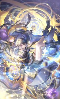 1boy absurdres blue_eyes book card dice elsword gloves hair_between_eyes highres holding holding_card holding_wand long_sleeves looking_at_viewer por_(_por_tt) short_hair smile solo thighhighs wand