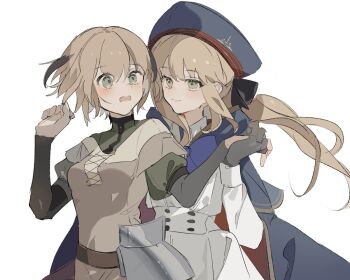 2girls armor artoria_caster_(fate) artoria_caster_(second_ascension)_(fate) artoria_pendragon_(fate) belt beret black_gloves black_ribbon blonde_hair blue_bow blue_cloak blue_headwear blush bow breasts brown_belt brown_dress buttons cloak closed_mouth collared_shirt dress fate/grand_order fate_(series) gareth_(fate) gareth_(first_ascension)_(fate) gloves green_eyes green_sweater hair_between_eyes hat hand_on_own_arm long_hair long_sleeves multiple_girls note_nii open_mouth ornament ribbon shirt short_hair skirt small_breasts smile sweater twintails white_background white_shirt white_skirt