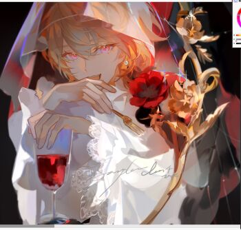 1boy alcohol blonde_hair cup drinking_glass earrings english_text flower fork frilled_sleeves frills hair_between_eyes highres holding holding_fork jewelry liulianjingrua long_sleeves looking_at_viewer male_focus open_mouth orange_hair original pink_eyes red_flower short_hair solo upper_body veil wine wine_glass