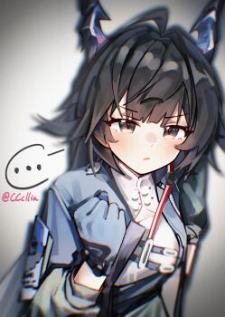 Rule 34 | ..., 1girl, absurdres, ahoge, arknights, arknights: endfield, black eyes, black hair, blue gloves, blue horns, blue jacket, blurry, blush, chen qianyu (arknights), chinese commentary, chromatic aberration, clenched hand, closed mouth, commentary request, film grain, gloves, grey background, hair intakes, hand up, highres, horns, jacket, layered sleeves, long sleeves, looking at viewer, sakuratani hane, shirt, short over long sleeves, short sleeves, solo, spoken ellipsis, twitter username, upper body, wavy mouth, white shirt