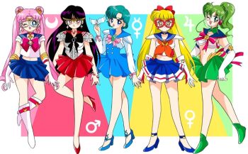 1990s_(style) 5girls aino_minako anklet aqua_hair arm_belt armor back_bow back_ribbon bad_id bad_twitter_id bare_legs bead_bracelet bead_choker beads belt bishoujo_senshi_sailor_moon black_bow black_bowtie black_hair blue_bow blue_choker blue_eyes blue_sailor_collar blue_shoes blue_skirt boots border bow bowtie bracelet bright_pupils brooch buttons choker circlet closed_mouth collar colorful_background commentary crescent crescent_earrings crescent_ring cropped_shirt crossed_legs derivative_work detached_collar dot_nose double_bun earrings elbow_gloves english_commentary eyelashes faux_retro_artstyle feather-trimmed_skirt full_body gloves green_boots green_collar green_hair green_skirt hair_bow hair_bun hair_ornament headset heart heart_in_eye high-waist_skirt high_collar high_heel_boots high_heels hino_rei holding holding_mask honeymoonpetal jewelry jupiter_symbol kino_makoto knee_boots leg_up light_blush long_hair long_sleeves looking_at_viewer magical_girl mars_symbol mask masquerade_mask mercury_symbol midriff miniskirt mizuno_ami multiple_belts multiple_girls navel neckerchief official_style one_eye_closed open_mouth orange_eyes orange_neckerchief outside_border parted_bangs pauldrons pink_bow pink_bowtie pink_hair pink_ribbon pleated_skirt ponytail prototype_design pumps red_belt red_bow red_bowtie red_choker red_eyes red_mask red_ribbon red_sailor_collar red_shoes red_skirt retro_artstyle ribbon ring sailor_collar sailor_jupiter sailor_jupiter_(prototype) sailor_mars sailor_mars_(prototype) sailor_mercury sailor_mercury_(prototype) sailor_moon sailor_moon_(prototype) sailor_senshi_uniform sailor_venus school_uniform serafuku shirt shoe_belt shoes short_hair short_sleeves shoulder_armor skirt sleeveless sleeveless_shirt smile sphere_earrings standing star_(symbol) star_earrings stiletto_heels straight-on straight_hair symbol_in_eye tareme tsukino_usagi tsurime venus_symbol very_long_hair wavy_hair white_boots white_border white_gloves white_mask white_pupils white_shirt wrist_ribbon