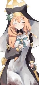 1girl black_veil blood blood_on_clothes blood_on_face blue_archive blue_eyes coif commentary_request desert_eagle flower gun hair_between_eyes halo hand_on_own_chest handgun highres holding holding_gun holding_weapon long_hair long_sleeves looking_at_viewer mari_(blue_archive) morishin546 neckerchief orange_hair sailor_collar smile solo veil weapon white_flower white_sailor_collar yellow_halo