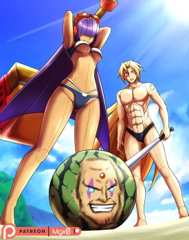 1boy 1girl abs absurdres adapted_costume android baseball_bat bikini black_male_swimwear black_swim_briefs blonde_hair blue_eyes blunt_bangs breasts capcom cloud commentary dark_skin day food fruit hair_over_eyes hammer headgear highres holding holding_baseball_bat holding_hammer layer_(mega_man) long_hair male_swimwear mega_man_(series) mega_man_x_(series) mgx0 mole open_mouth patreon_username pectorals purple_hair robot_ears sky smile summer sunlight swim_briefs swimsuit underboob very_long_hair watermelon zero_(mega_man)