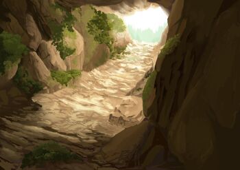 cave commentary_request day grass harusa1107 highres moss no_humans original painting_(medium) plant rock scenery shadow sunlight traditional_media underground