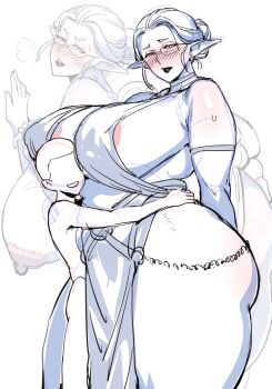 1boy 1girl age_difference breasts cleavage elf highres huge_breasts kisuu large_breasts pointy_ears shota smile