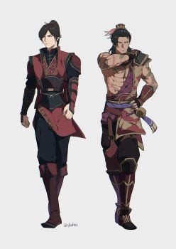 2boys abs absurdres arm_tattoo armor armored_boots beard black_gloves black_hair black_pants boots chest_tattoo chinese_armor chinese_clothes chinese_hairpin facial_hair feather_hair_ornament feathers fingerless_gloves full_body furrowed_brow gan_ning_(shin_sangoku_musou) gloves hair_ornament hand_on_own_hip hand_on_own_shoulder highres igusaharu ling_tong_(shin_sangoku_musou) long_hair male_focus multiple_boys muscular muscular_male pants pectorals ponytail red_tunic shin_sangoku_musou shin_sangoku_musou_origins single_bare_shoulder single_shoulder_pad swept_bangs tattoo tunic twitter_username vambraces