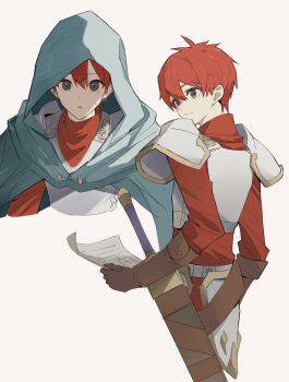 Rule 34 | 1boy, absurdres, adol christin, ancient ys vanished, armor, brown eyes, brown gloves, cape, double-parted bangs, george man, gloves, grey background, hair between eyes, highres, holding, holding paper, hood, hooded cape, male focus, paper, pauldrons, red hair, short hair, shoulder armor, simple background, solo, sword, weapon, ys