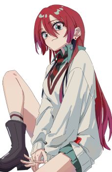 Rule 34 | 1girl, alternate hair length, alternate hairstyle, amate yuzuriha, boots, commentary request, earrings, gundam, gundam gquuuuuux, highres, jewelry, long hair, looking at viewer, necktie, o6nuqm, red hair, sitting, skirt, smile, solo, stud earrings, sweater, very long hair
