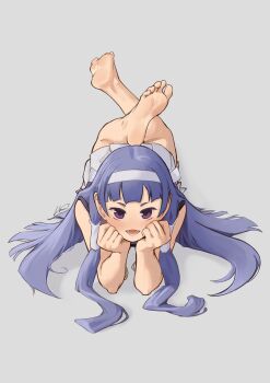 1girl absurdres aiharararara barefoot blue_hair blush feet hairband highres kannagi long_hair looking_at_viewer lying nagi_(kannagi) on_stomach open_mouth purple_eyes soles the_pose toes