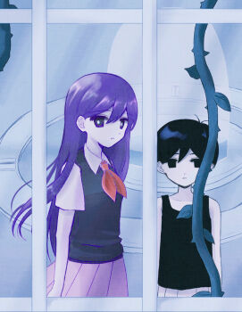 1boy 1girl antenna_hair arms_at_sides black_eyes black_hair black_sweater_vest black_tank_top bright_pupils brother_and_sister closed_mouth collarbone collared_shirt colored_skin double-parted_bangs expressionless hair_between_eyes long_hair mari_(headspace)_(omori) mari_(omori) omori omori_(omori) plant pleated_skirt purple_eyes purple_hair red_skirt revision shirt short_sleeves shorts siblings skirt striped_clothes striped_shorts sweater_vest tank_top thorns true_erg vertical-striped_clothes vertical-striped_shorts vines white_pupils white_shirt white_shorts white_skin window