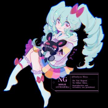 1girl black_background bow commentary_request drill_hair full_body hair_bow highres holding holding_stuffed_toy hood hood_down hoodie idol_land_pripara katasumi_amari long_hair long_sleeves looking_at_viewer mario_(pripara) mario_(rabbit)_(pripara) moya_(bmbyou) no_shoes pink_bow pink_eyes pretty_series pripara purple_hoodie rainbow_skirt sitting smile socks solo stitched_mouth stitches stuffed_animal stuffed_rabbit stuffed_toy twin_drills twintails white_socks