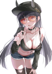 Rule 34 | 1girl, absurdres, alternate costume, arm warmers, azur lane, black bra, black choker, black hair, black hat, black shirt, black thighhighs, bra, breasts, candy, choker, classic (zildjian33), cleavage, commentary request, demon girl, demon horns, denim, denim shorts, food, grey shorts, hand on own knee, hat, highres, holding, holding candy, holding food, holding lollipop, horns, jewelry, large breasts, lollipop, looking at viewer, midriff, navel, necklace, noshiro (azur lane), noshiro (dressed-up date) (azur lane), open fly, open mouth, orange-tinted eyewear, paid reward available, shirt, short shorts, shorts, simple background, single bare shoulder, single off shoulder, solo, stomach, thighhighs, tinted eyewear, tongue, tongue out, underwear, white background