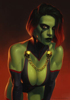1girl absurdres bare_shoulders black_lips breasts chain cleavage colored_skin commentary cowboy_shot detached_sleeves dima_ivanov facial_mark film_grain gamora gradient_background green_skin highres large_breasts leaning_forward leotard looking_at_viewer marvel mature_female medium_hair patreon_username red_eyes red_light red_streaks skin_tight skull_ornament solo symbol-only_commentary taut_clothes thick_thighs thigh_gap thighhighs thighs toned toned_female
