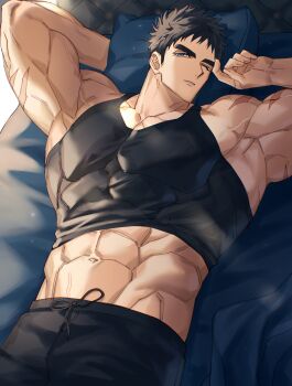 Rule 34 | 1boy, abs, arm behind head, armpits, bara, bed sheet, black hair, black pants, black tank top, blue eyes, bodybuilder, clothes lift, collarbone, covered pectorals, domo (domo kizusuki), drawstring, hand on own face, hand under pillow, highres, kokado shido (domo), large pectorals, lying, male focus, manly, muscular, muscular arms, muscular male, navel, on back, on bed, one eye closed, original, pants, pectorals, pillow, rubbing eyes, scar, scar on arm, short hair, shredded muscles, sideburns, tank top, tareme, thick eyebrows, v-taper, veins, veiny arms, veiny crotch, waking up