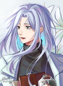 1girl absurdres black_eyes black_shirt clipboard coat colored_inner_hair commentary curtained_hair english_commentary expressionless flower high_collar highres jar lee_seolhwa long_hair looking_to_the_side multicolored_hair omniscient_reader&#039;s_viewpoint open_clothes open_coat parted_lips popped_collar saihachi06 shirt solo upper_body white_coat white_hair white_lily