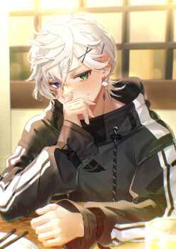 1boy absurdres bangs_pinned_back black_jacket chopsticks cloud_earrings commentary_request covering_own_mouth embarrassed glass green_eyes hair_ornament heterochromia highres indoors jacket long_sleeves male_focus matochi_(fa) murakumo_kagetsu murakumo_kagetsu_(2nd_costume) nijisanji plate purple_eyes short_hair solo table upper_body virtual_youtuber white_hair window x_hair_ornament