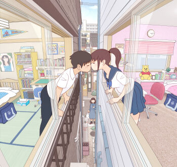 1boy 2girls alarm_clock bag bed bedroom black_hair black_pants blanket blue_bow blue_shirt blue_skirt blush book bookshelf bow breasts brown_hair building chair city cityscape clock closed_eyes cloud collarbone desk disney dress grey_dress hetero high_ponytail holding holding_bag kiss kiyo_(kyokyo1220) long_hair long_sleeves multiple_girls original pants pennant picture_frame pillow plant pole ponytail pooh poster_(object) potted_plant power_lines road school_bag shirt shopping_bag short_hair short_sleeves skirt sky sleeveless sleeveless_dress small_breasts standing stuffed_animal stuffed_toy surprised teddy_bear tissue_box tokyo_tower white_shirt window window_blinds winnie_the_pooh