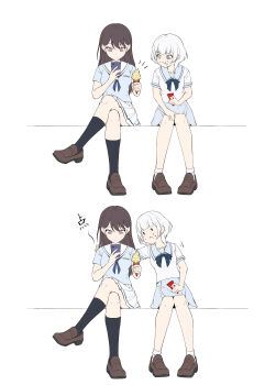 Rule 34 | 2girls, absurdres, anglediana, bang dream!, bang dream! it's mygo!!!!!, black socks, blue eyes, blue neckerchief, blue shirt, brown hair, brown shoes, cellphone, chinese commentary, commentary request, crossed legs, eating, food, food on face, hanasakigawa school uniform, heterochromia, highres, holding, holding ice cream cone, holding phone, ice cream, ice cream cone, kaname raana, kneehighs, loafers, mole, mole under eye, multiple girls, neckerchief, phone, pleated skirt, purple eyes, school uniform, serafuku, shiina taki, shirt, shoes, short hair, short sleeves, skirt, smartphone, smile, socks, soft serve, white hair, white shirt, white skirt, white socks, yellow eyes